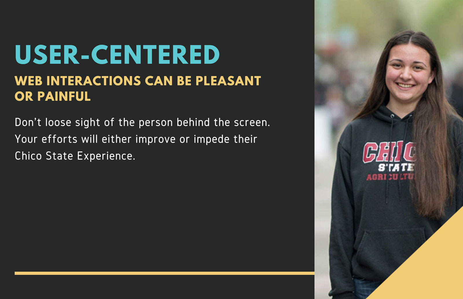 Smiling student. Text reads: User centered. Web interactions can be pleasant or painful.